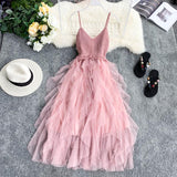 Strap Flyffy Dress Women Knit Halter Stitching Mesh Cupcake Dress Solid Color Sundress Lady Sexy Beach Party Robe Club Wear