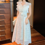 Kukombo White Lace Dress Women V-Neck Sleeveless Elegant Long Bodycon Dress Woman High Waisted High Waisted Mesh Party Dresses Runway