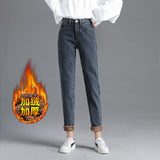Christmas Gift Plush warm jeans 2021 new elastic high waist loose Harlan pants straight tube thin autumn and winter thickening