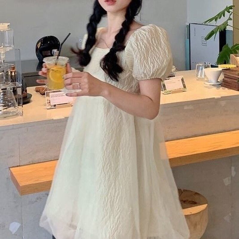 Kukombo Kawaii Sweet Dress Women Korean Style Cute Princess Bow Lace-up Dress Bubble Sleeve Casual Holiday Party Dress 2022 New