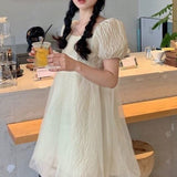Kukombo Kawaii Sweet Dress Women Korean Style Cute Princess Bow Lace-up Dress Bubble Sleeve Casual Holiday Party Dress 2022 New