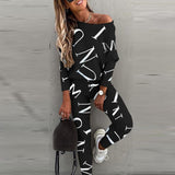 Kukombo  2022 Spring Autumn Casual Outfit Letters Print Long Sleeve Top Spring Women Blouse Pants Tracksuit For Sports 2 Pieces Sets