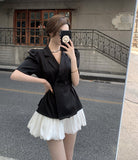 Christmas Gift 2PCS Women Summer 2021 Blazer Coat + Short Skirts Sets Elegant Short Sleeve OL Suits Korean Ladies Clothing Set Female 9397#