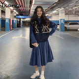 Kukombo Vintage 2pcs set Women Plus Size Blue Loose Long Dresses+Printed Buttons Sweater Vest suit Girls Long Sleeve Dress Robe Vestido