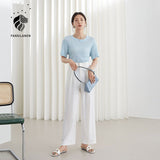 Christmas Gift FANSILANEN Office Lady French Short-sleeved Blue White T-shirt Women Summer 2021 New Wild Texture Pleated Straight Casual Tops