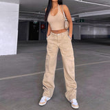 Kukombo Vintage Khaki Wide Leg Cargo Jeans High Waist Big Pockets Baggy Denim Trousers Casual Oversized Pants Street Sweatpants