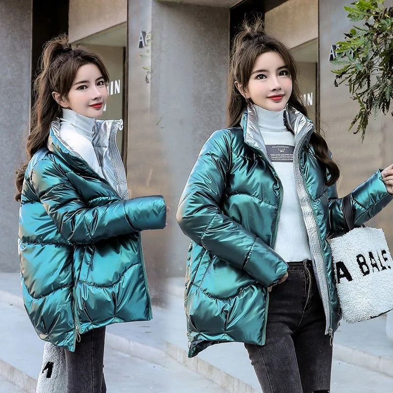 Christmas Gift 2022 New Women's Winter Jacket Glossy Parka Stand Callor Down Cotton Jacket Warm Casual Cotton Padded Parkas Snow Wear Coat