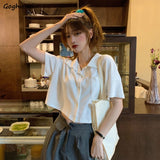 Kukombo Shirts Women Summer Short-Sleeve Turn-Down-Collar Solid Short Womens Tops Blouses Korean Style Loose All-Match Slim Trendy Retro