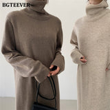 Christmas Gift BGTEEVER Casual Thicken Warm Women Knitted Dress Full Sleeve Loose Turtleneck Female Sweater Dresses 2021 Autumn Winter Vestidos