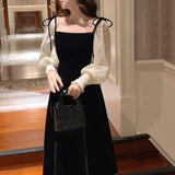 Graduation Gift Big Sale 2023 Spring Black Velvet Dress Women Square Collar Vintage One Piece Dress Korean Office Lady Elegant Midi Dress Party Evening