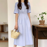 Kukombo New 2022 Women Summer Dresses Lace Up Vintage Puff Sleeve High Waist Elegant Korean Style Pure Lady Long Dress DR1338