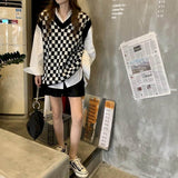 Kukombo 2022 Spring Autumn V-neck Sleeveless Sweater For Women Vest Vintage Tops Harajuku Japanese Fashion 90s Clothes Oversize Plaid