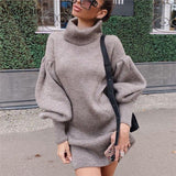Turtleneck Warm Women Sweater Dress Wrap Mini Vintage Lantern Sleeve Autumn Casual Solid Knitted Winter Dress-1118