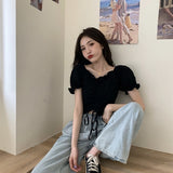 Kukombo Blouses Shirts Women V-Neck Summer Puff Sleeve Chic Korean Style Crop Top Pleated Lace-Up Sweet Slender All-Match Ins Womens New