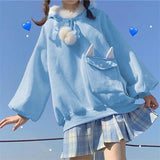 Kukombo Japanese Faux Collar Hooded Sweatshirts Women Fall Winter Loose Cat Ear Pocket Kawaii Hoodie Oversized Long Sleeve Top For Teens