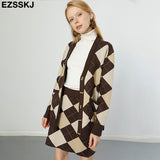 Christmas Gift Houndstooth 2 Pieces Set Women Knitted plaid Sweater cardigans  + mini skirt rhombus Sweater Set CHIC Knitted Oversize suit