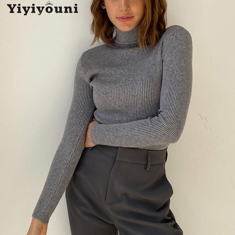 Christmas Gift Yiyiyouni Casual Slim fit Knitted Turtleneck Sweater Women Autumn Winter Ribbed Basic Pullovers Women Soft Long Sleeve Jumper