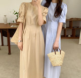 Kukombo New 2022 Women Summer Dresses Lace Up Vintage Puff Sleeve High Waist Elegant Korean Style Pure Lady Long Dress DR1338