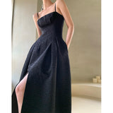 Kukombo Summer Elegant Women Spaghetti Strap Robe Slim Female Split Vintage Black Party Dress Sleeveless A-Line Vestidos