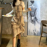 Dress Women Leopard Sleeveless V-Neck Sexy Summer Drawstring Pleated Streetwear Party Irregular Shirring Slim Vestido Korean