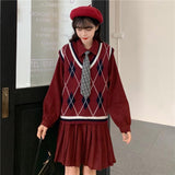 Kukombo Preppy Style Autumn Dress Sets Women New Argyle V-Neck Knitted Vest + Long Sleeve Tie Dress Female Korean Loose One-Piece Suits