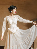 Kukombo Lace Dress Suit Pearl Single-Breasted V-Neck Sexy Ladies Irregular Ruffled Design Puff Sleeve Top+Flowing Fairy Mesh Sweet Skirt