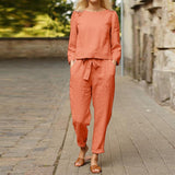 Casual Women Linen 2 Piece Set Solid Color Loose Comfortable Drawstring Long Sleeve Home Suits 2022 Lounge Wear Tracksuit