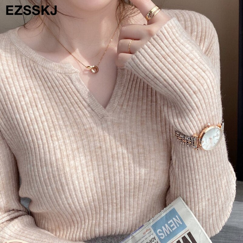 Christmas Gift Basic Loose V-Neck Sweater Pullover Women Autumn winter Casual long Sleeve Sweater For women Female Chic Jumpers top