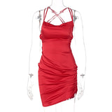 Kukombo Satin Women Strap Mini Dress Ruched Lace Up Cross Bandage Backless Bodycon Sexy Party Elegant 2022 Club Christmas Slim K13