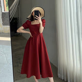 Kukombo Women Summer A-Line Maxi Dresses Korean Fashion Short Sleeve Casual Robe Square Collar Beach Midi Vestido