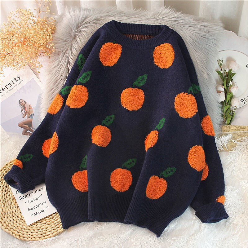 Christmas Gift Autumn and Winter New Sweater Pullover, Cherry Pattern Long Sleeve Sweater, Retro Sweet Beauty High Collar Knitted Pullover