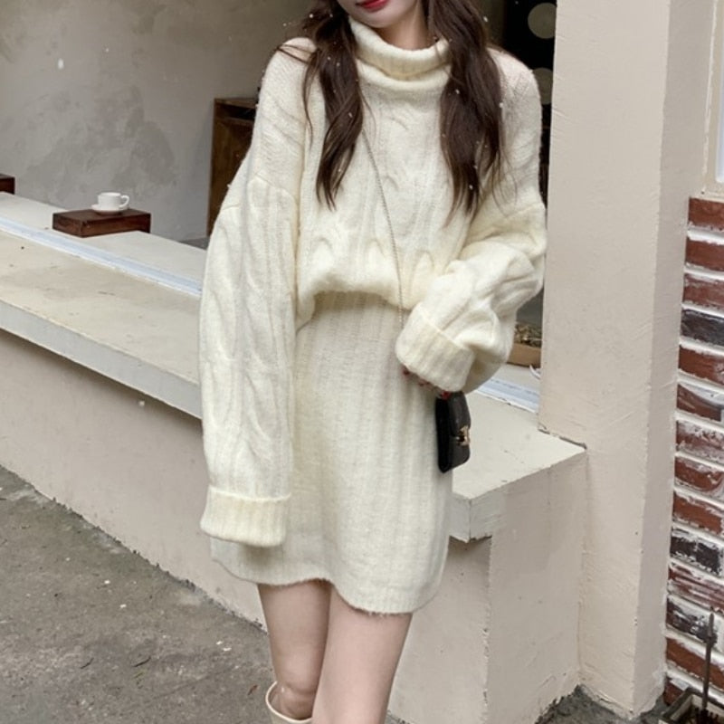 Christmas Gift Women Winter Turtleneck Knitted Tops+High Waist A-Line Skirt 2 Piece Set Long Sleeve Casual Sweater Blouse Suit Fashion Outfits