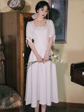 Kukombo Summer 2022 Puff Sleeve Chic Bowknot Square Neck White Dresses Retro Elegant Ladies Fashion Bridesmaid Dress Vestidos De Fiesta