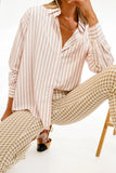 Kukombo Stylish Women's Classic-Fit Long Sleeve Lightweight Button Down Shirt  Vertical Stripes Oversize BF Style Top Blouses