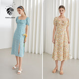 Christmas Gift FANSILANEN Office Lady French Floral A-line Dress Summer 2021 New Style Square Neck Blue Yellow Long Skirt Women Sweet Style