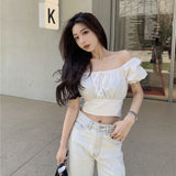 Kukombo Fashion New Pearl Chain Shirt Women Summer French Bow Backless White Blouse Sweet Puff Sleeve Crop Top Female
