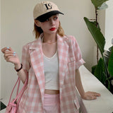Kukombo Summer New Pink Blazers Women Fashion Plaid Short Sleeved Tailored Jacket Female Korean Loose Single Breasted Coats