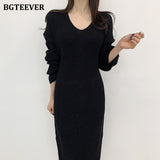 Christmas Gift BGTEEVER Casual V-neck Loose Female Long Knitted Dress Full Sleeve Side Split Autumn Winter Women Sweater Dress Vestidos