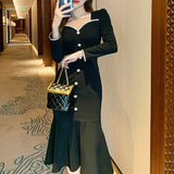Graduation Gift Big Sale Korea Fashion Black Elegant Dress Office Lady 2023 Autumn Vintage Midi Dress Women Casual Long Sleeve Evening Party Dress Button K49