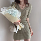 Christmas Gift Korean chic temperament dress shows thin V-neck dresses slim pit bar buttocks small screw thread cool silk knitted dress female