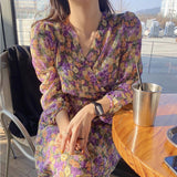 Christmas Gift BGTEEVER Elegant Spring Summer Dress for Women Chic V-neck Floral High Waist Female Dress 2021 Purple Chiffon Vestidos femme