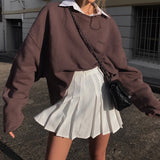 Kukombo Harajuku Oversized Hoodies Women Brown Letter Embroidery Cotton Long Sleeve Pullover Girls Casual Aesthetic Sweatshirts