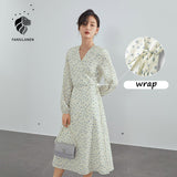 Christmas Gift FANSILANEN Elegant Floral Print Long Wrap Dress Women V-Neck Long Sleeves Spring Summer Dress Beach Slimming Maxi Skirts Female