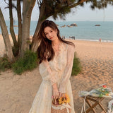 Christmas Gift V-neck Elegant Sweet Dress Women Long Sleeve Chiffon Floral Dress Party Beach Dress for Females Korean Style 2022 Summer