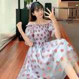 Kukombo  Strawberry Dress Women French Style Lace Chiffon Sweet Dress Casual Puff Sleeve Elegant Printed Kawaii Dress Women 2022 New