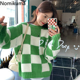 Kukombo Vintage Plaid Sweater Women Loose Long Sleeve Knitted Tops O Neck Korean Fashion Chic Pullover Jumpers Sueter Mujer
