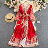 Kukombo Christmas Gift Summer new temperament design printing  Dress  V-neck vintage lace woman dress Lantern sleeve dresses for women