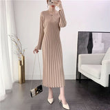 Women Knitted Sweater Maxi Dresses Autumn Winter A-line Casual Long Sleeve Vestido Office Fashion Korean V Neck Midi Robe