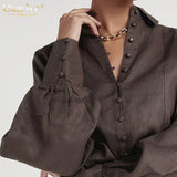 Kukombo White Lapel Linen Blouses Casual Loose Long Sleeve Office Women Shirts 2022 Vintage Single-Breasted Fashion Blouse Shirt