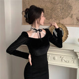 Graduation Gift Big Sale Long Sleeve Retro Slim Tops Women Lace Design Korean Fashion Black Vintage Blouse Office Lady Evening Party Clothing 2023 Autumn